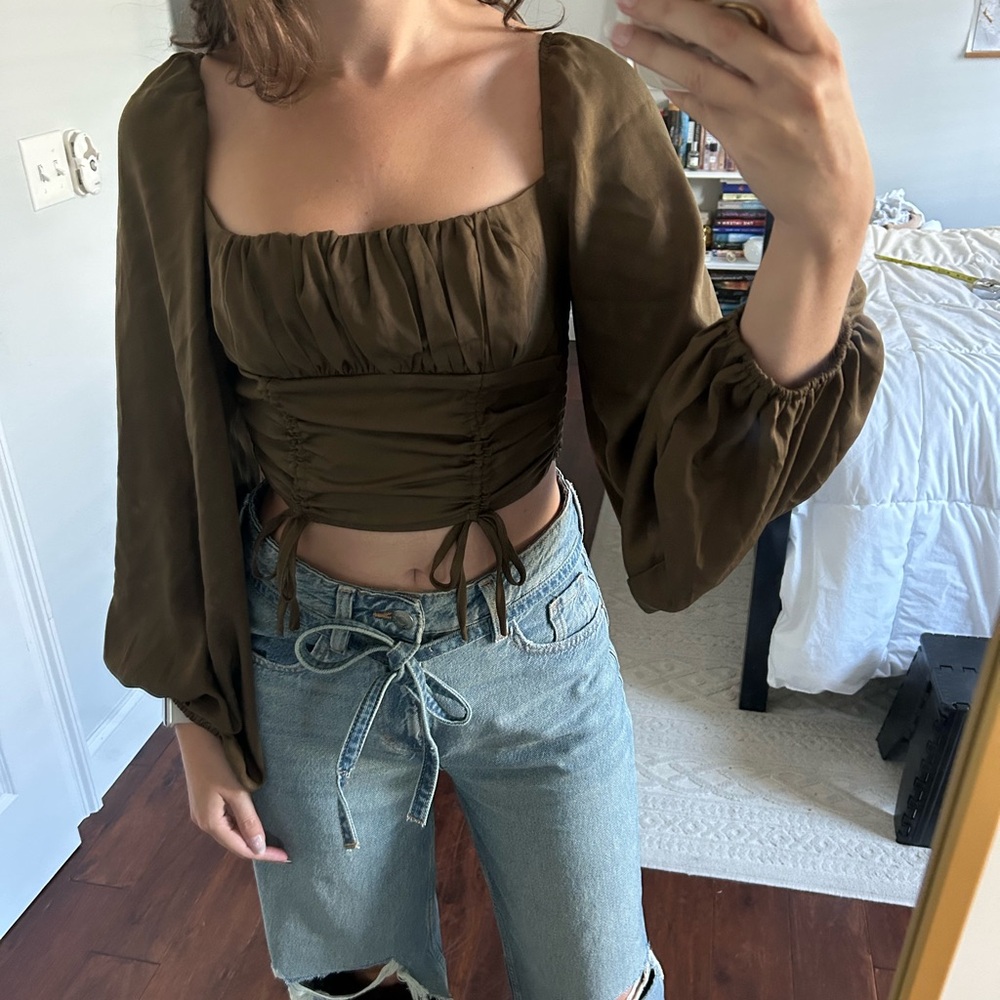 Cropped Peasant Top with Smocked Back